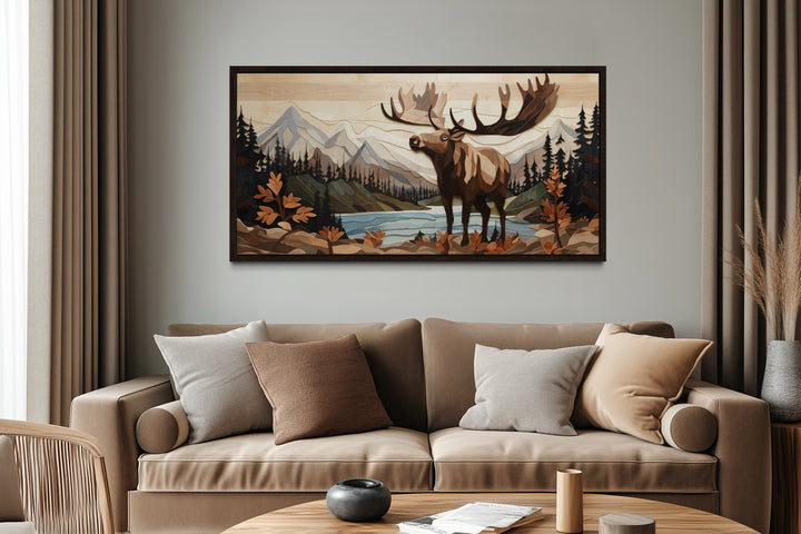 Moose Wall Art - Rustic Wood Panel Framed Canvas for Mountain Lodge Decor