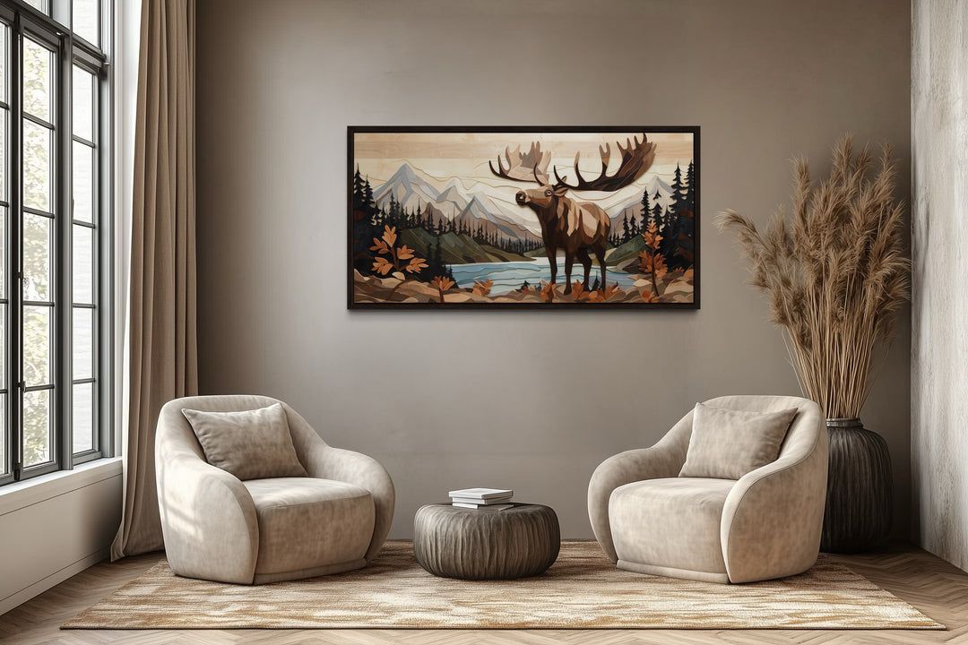 Moose Wall Art - Rustic Wood Panel Framed Canvas for Mountain Lodge Decor