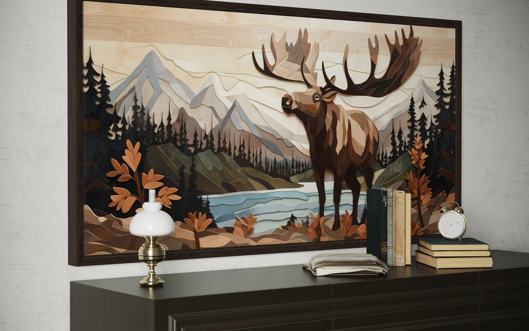 Moose Wall Art - Rustic Wood Panel Framed Canvas for Mountain Lodge Decor