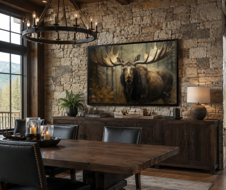 Framed canvas wall art of a moose with large antlers in a dark forest, hung on a stone wall.