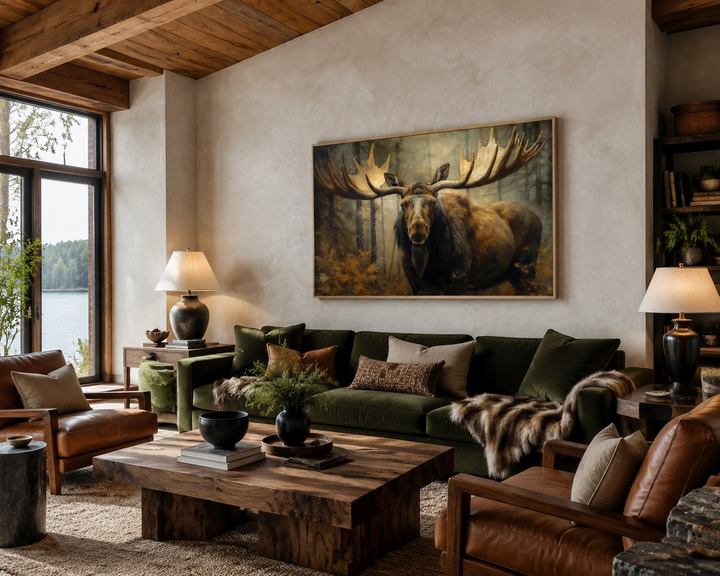 Framed canvas wall art of a moose with large antlers in a forest, hung above a green sofa.
