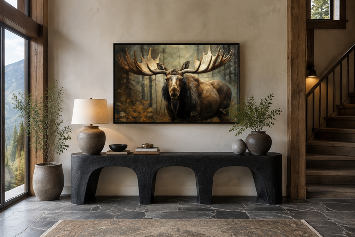 Framed canvas wall art of a moose with large antlers in a dark forest above a black console table.