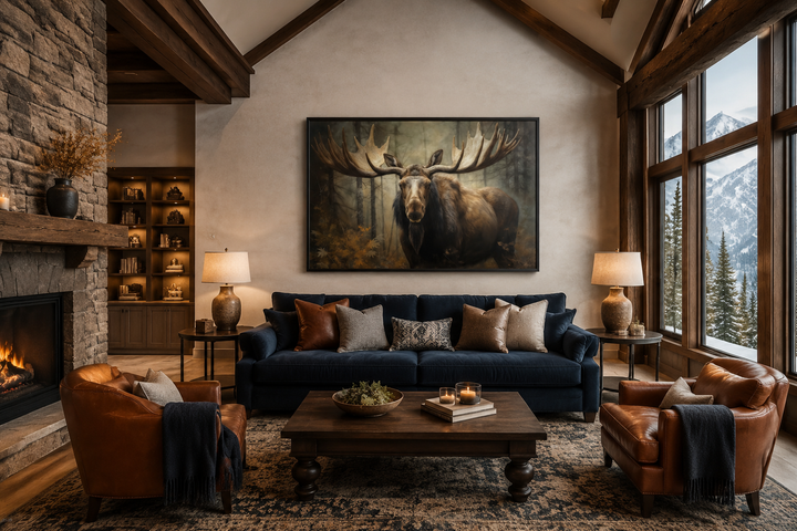 Moose with big antlers in the forest framed canvas wall art hanging above a blue sofa.