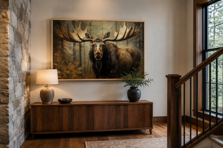Framed canvas wall art of a majestic moose with large antlers in a dark, misty forest setting.