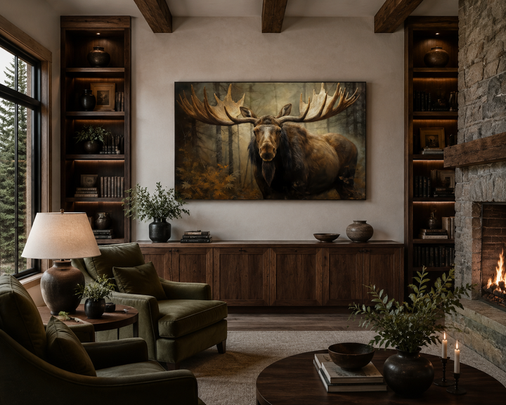 Moose with big antlers in the forest framed canvas wall art hanging in a rustic living room.