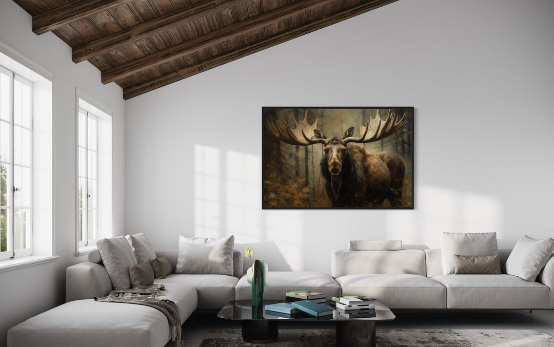 Moose With Big Antlers In The Forest Framed Canvas Wall Art