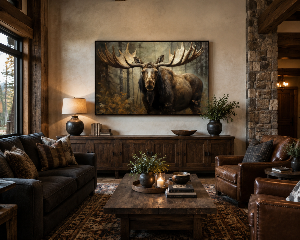 Moose with big antlers in the forest framed canvas wall art hanging in a rustic living room.