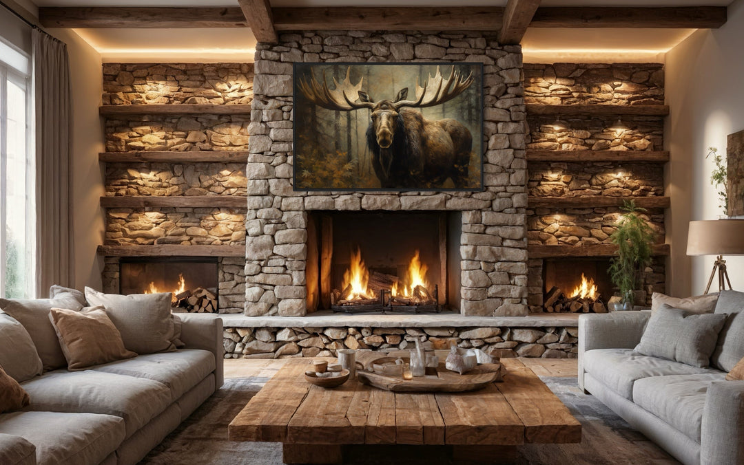 Moose with big antlers in a forest framed canvas wall art hanging above a stone fireplace.