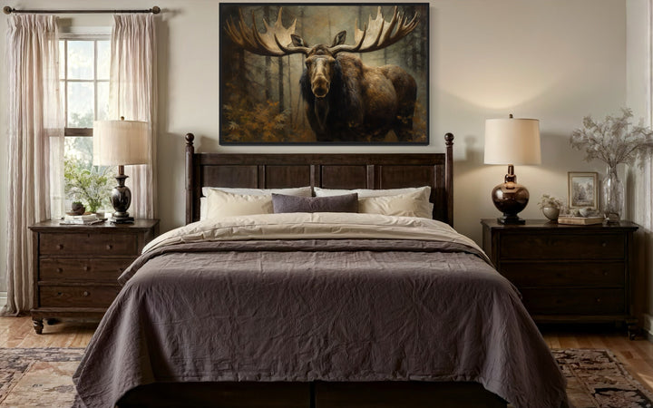 Moose With Big Antlers In The Forest Framed Canvas Wall Art