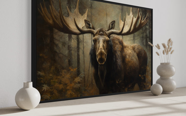 Moose With Big Antlers In The Forest Framed Canvas Wall Art