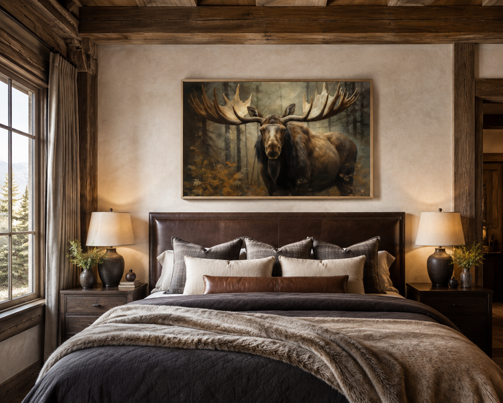 Moose with big antlers in a forest framed canvas wall art hanging above a bed in a rustic bedroom.