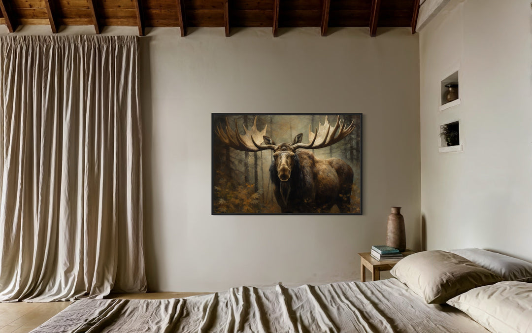 Moose With Big Antlers In The Forest Framed Canvas Wall Art