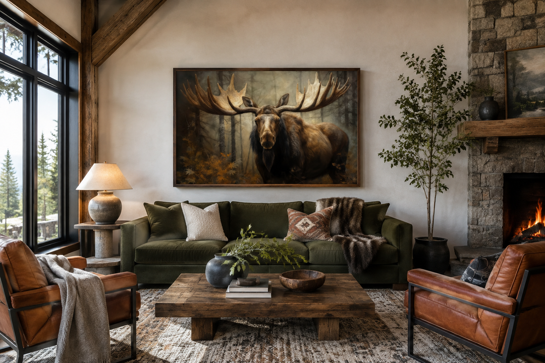 Moose with big antlers in a forest framed canvas wall art hanging above a green sofa.
