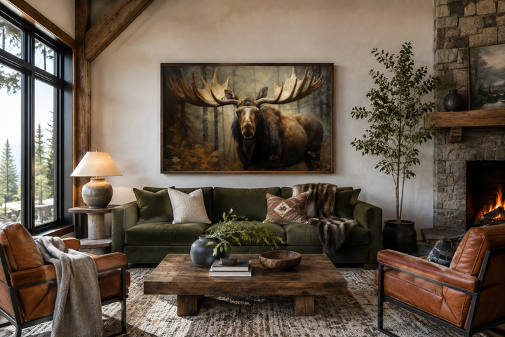 Moose with big antlers in a forest framed canvas wall art hanging above a green sofa.