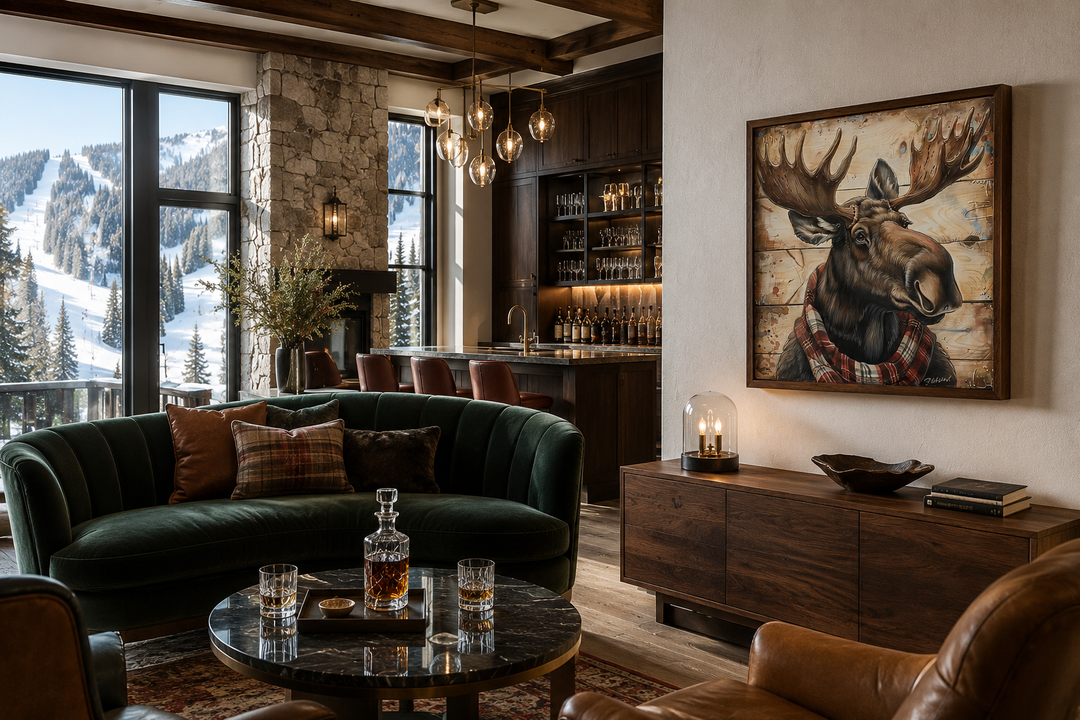 Moose with red scarf painting on weathered wood canvas print in a rustic living room setting.