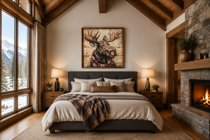 Moose with red scarf painting on weathered wood canvas print hanging above a bed in a rustic room.