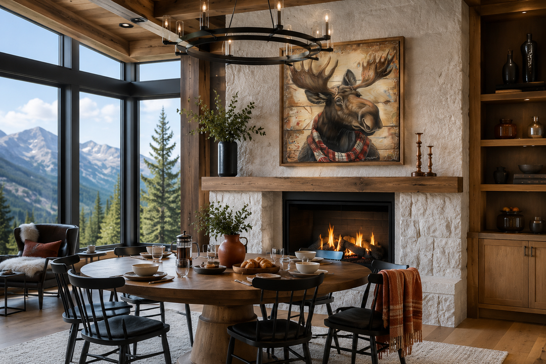 Moose with red scarf painting on weathered wood canvas print hanging above a stone fireplace mantel.