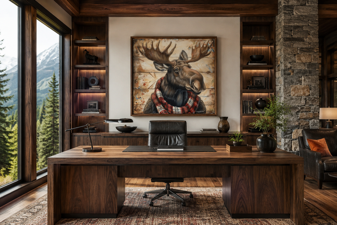 Moose with red scarf painting on weathered wood canvas print in a rustic home office setting.