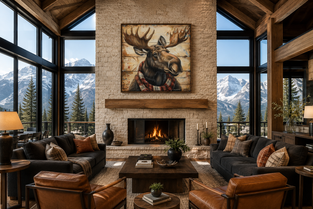 Moose with red scarf painting on weathered wood canvas print hanging above a stone fireplace mantel.