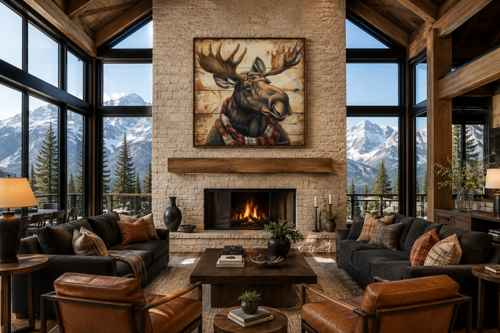 Moose with red scarf painting on weathered wood canvas print hanging above a stone fireplace mantel.