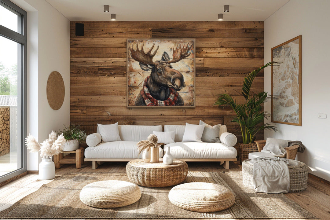 Moose With Red Scarf Painting on Weathered Wood Canvas Print