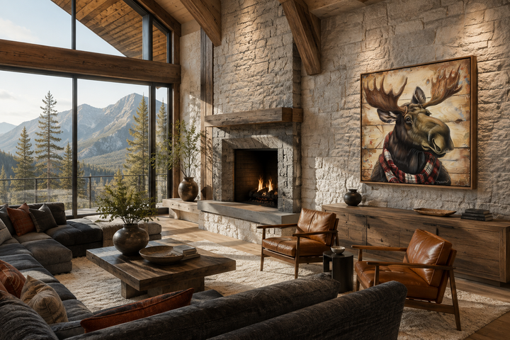 Moose with red scarf painting on weathered wood canvas print in a rustic living room setting.