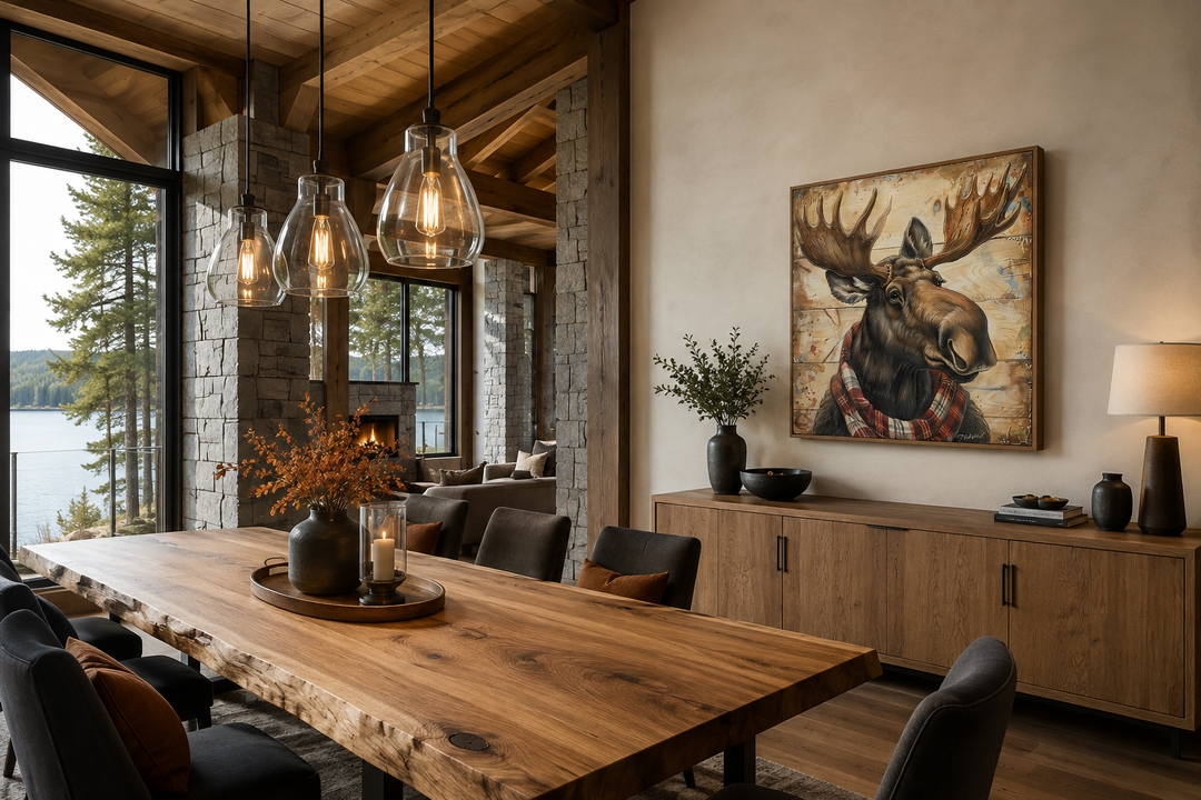 Moose with red scarf painting on weathered wood canvas print in a rustic dining room setting.