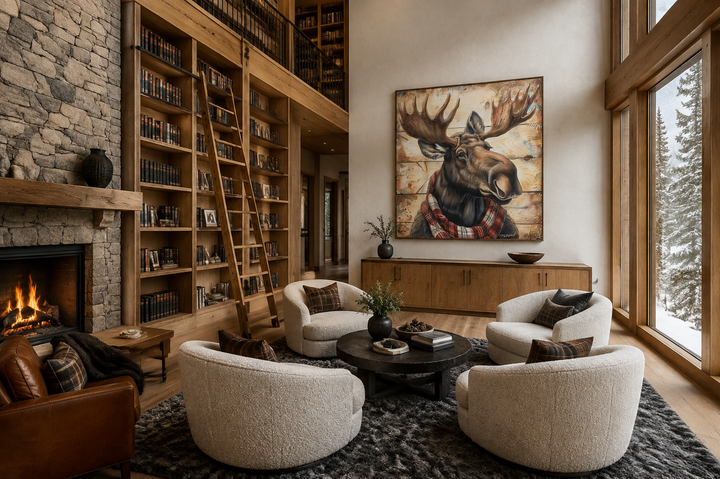 Moose with red scarf painting on weathered wood canvas print in a rustic living room setting.