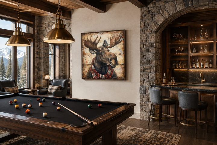 Moose with red scarf painting on weathered wood canvas print in a rustic game room with pool table.