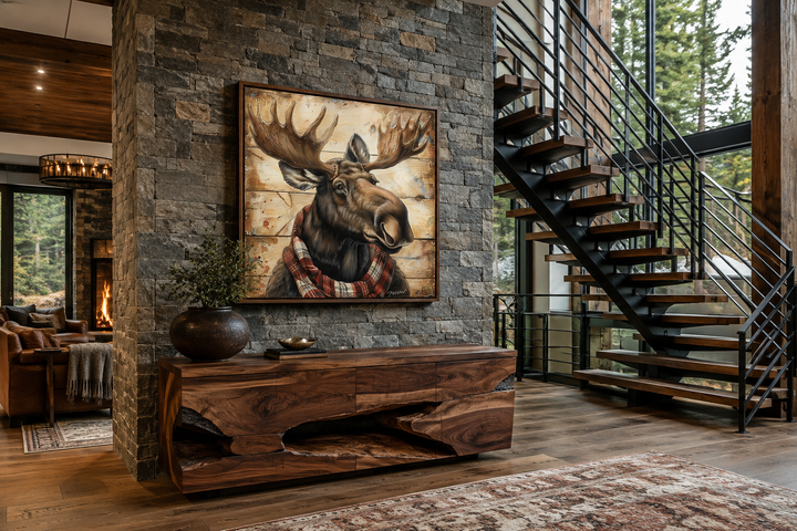 Moose with red scarf painting on weathered wood canvas print in a rustic living room setting.