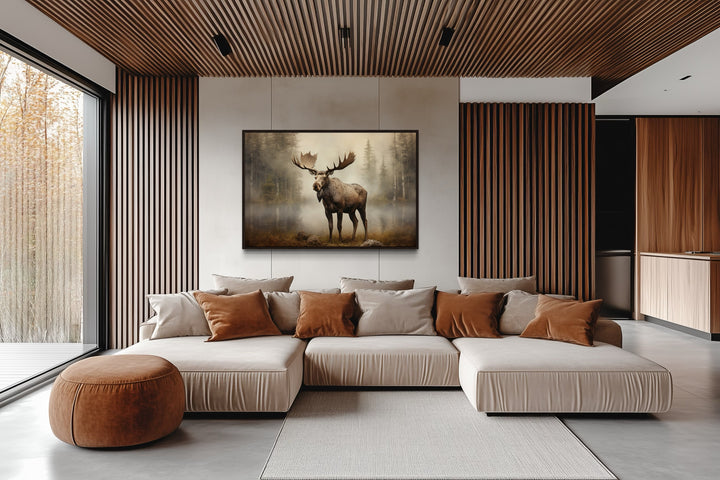 Rustic Cabin Wall Decor - Moose in Foggy Forest Framed Canvas Wall Art For Cabin Decor