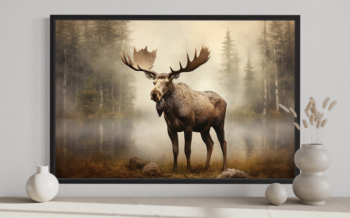 Moose in Foggy Forest Framed Canvas Wall Art For Cabin Decor