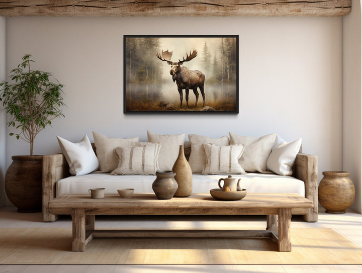 Moose in Foggy Forest Framed Canvas Wall Art For Cabin Decor