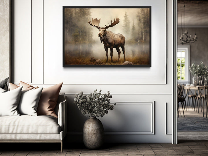 Rustic Cabin Wall Decor - Moose in Foggy Forest Framed Canvas Wall Art For Cabin Decor