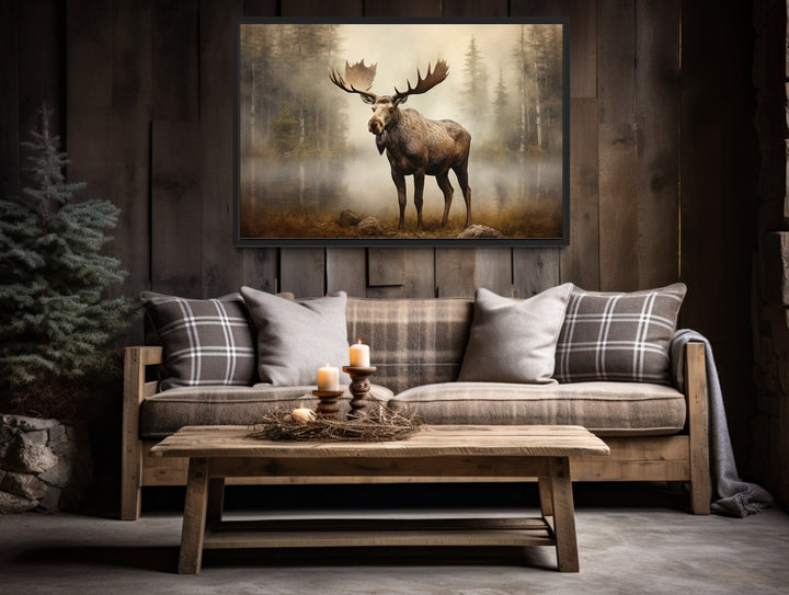 Moose in Foggy Forest Framed Canvas Wall Art For Cabin Decor