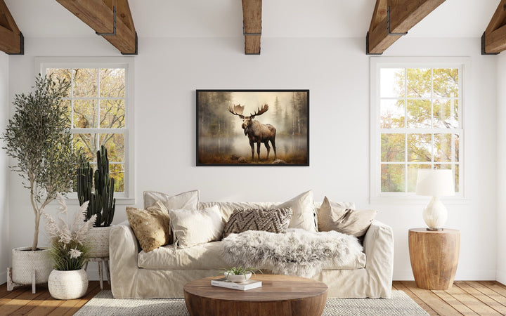 Rustic Cabin Wall Decor - Moose in Foggy Forest Framed Canvas Wall Art For Cabin Decor