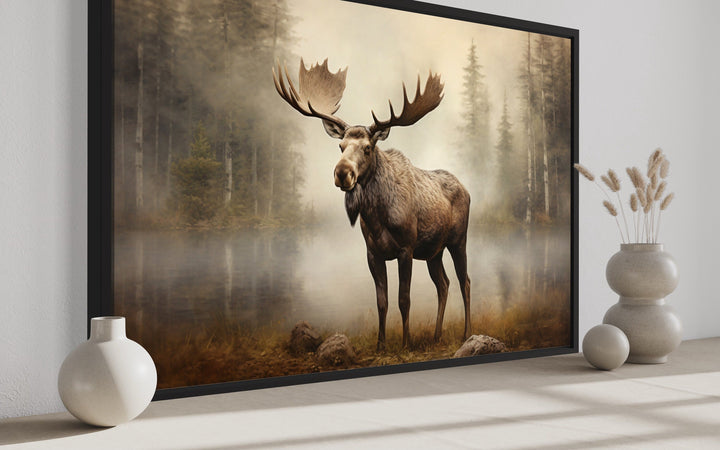 Rustic Cabin Wall Decor - Moose in Foggy Forest Framed Canvas Wall Art For Cabin Decor