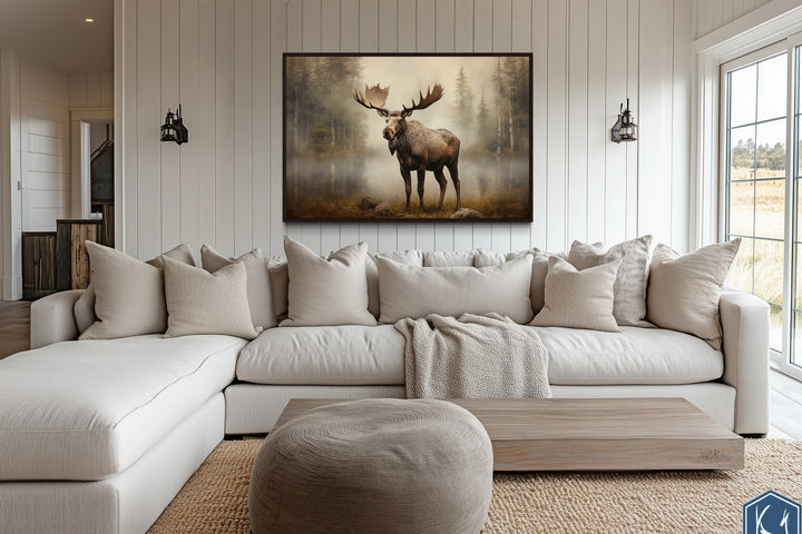 Rustic Cabin Wall Decor - Moose in Foggy Forest Framed Canvas Wall Art For Cabin Decor