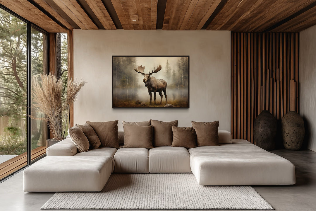 Rustic Cabin Wall Decor - Moose in Foggy Forest Framed Canvas Wall Art For Cabin Decor