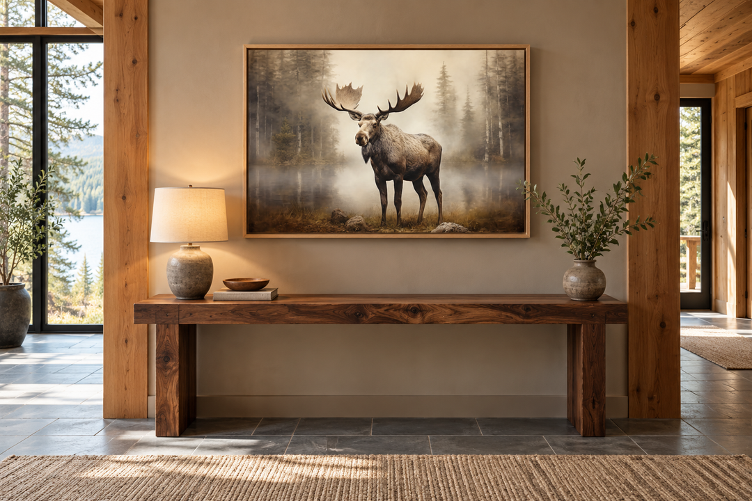 Moose in foggy forest framed canvas wall art displayed above a wooden console table in a cabin.