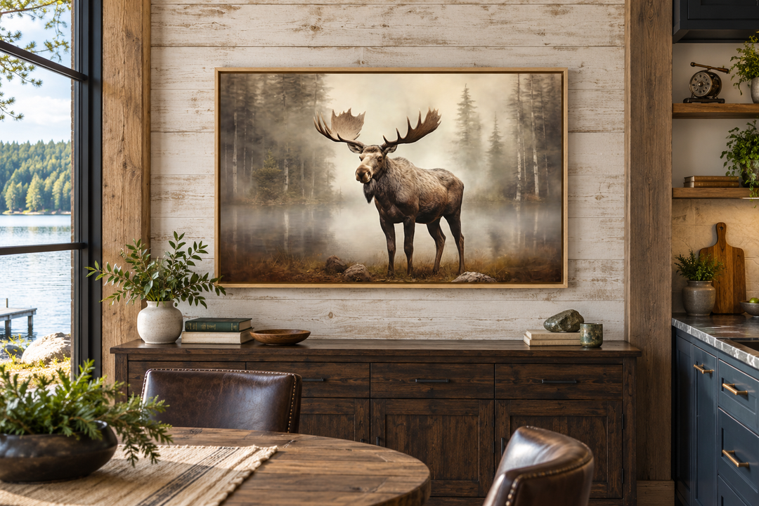 Moose in Foggy Forest framed canvas wall art displayed above a rustic wooden sideboard in a cabin.
