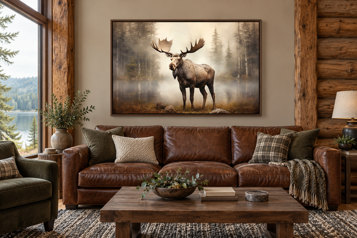 Moose in foggy forest framed canvas wall art hanging above a brown leather sofa in a rustic cabin.