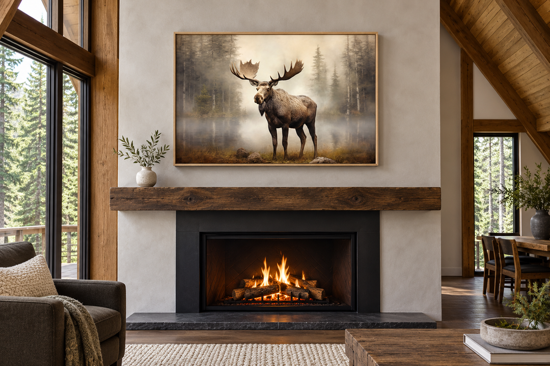 Moose in a foggy forest framed canvas wall art hanging above a rustic fireplace mantel.