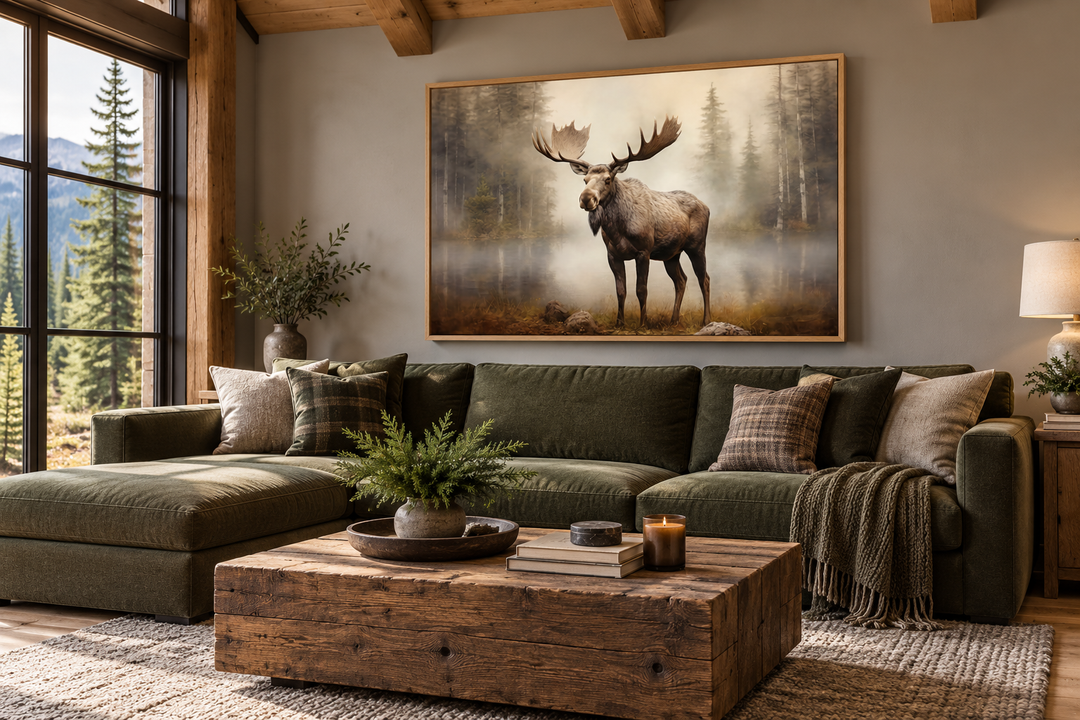 Moose in foggy forest framed canvas wall art hanging above a green sectional in a rustic cabin.