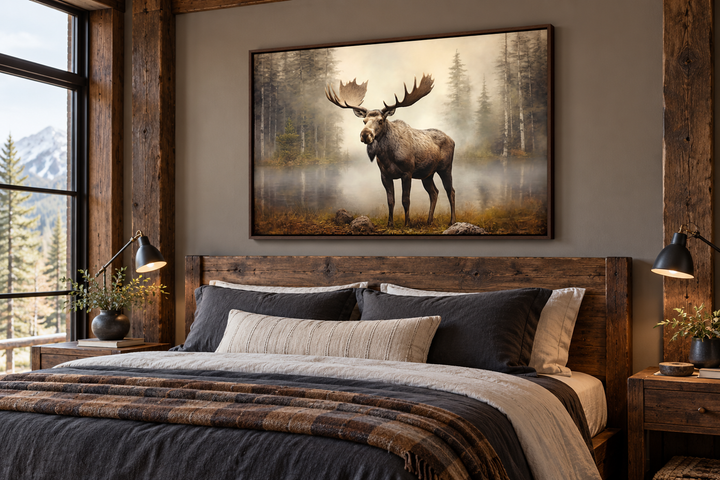 Moose in Foggy Forest framed canvas wall art hanging above a bed in a rustic cabin bedroom.