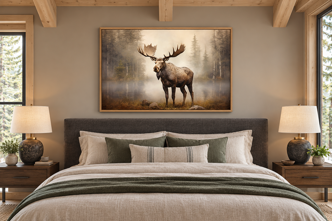 Moose in foggy forest framed canvas wall art hanging above a bed in a rustic cabin bedroom.