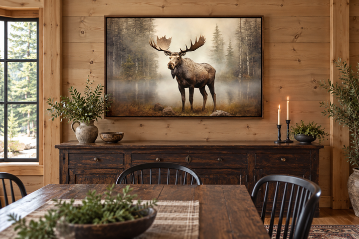 Framed canvas wall art of a moose in a foggy forest, hanging above a dark wood sideboard in a cabin.