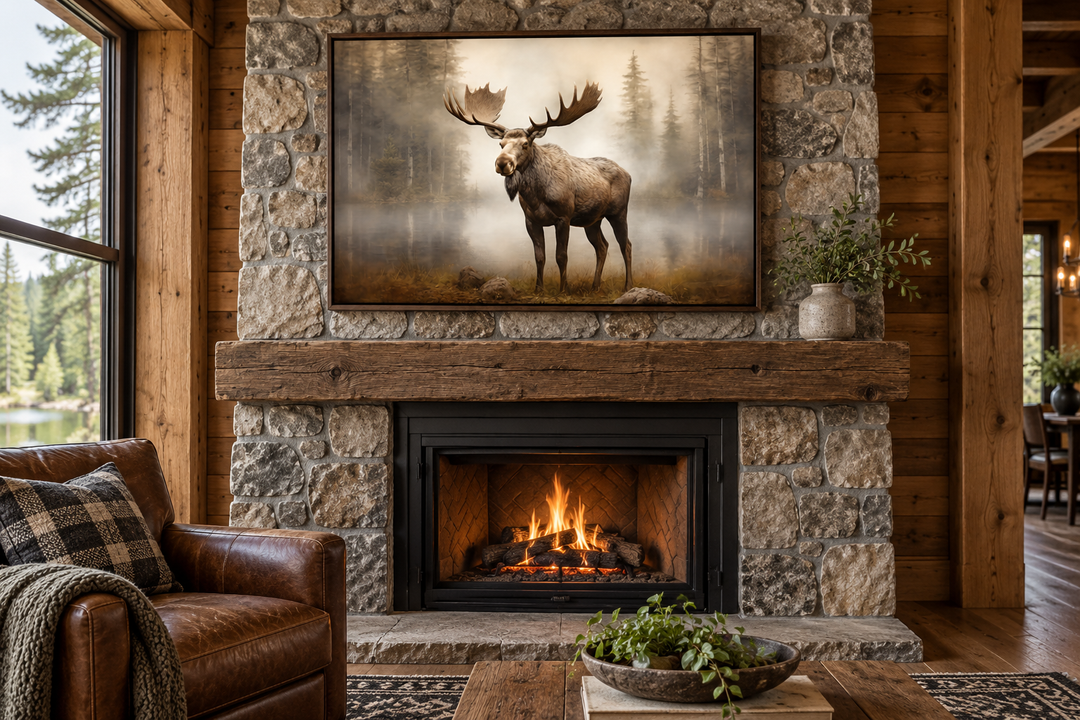 Framed canvas wall art of a moose in a foggy forest hanging above a rustic stone fireplace.