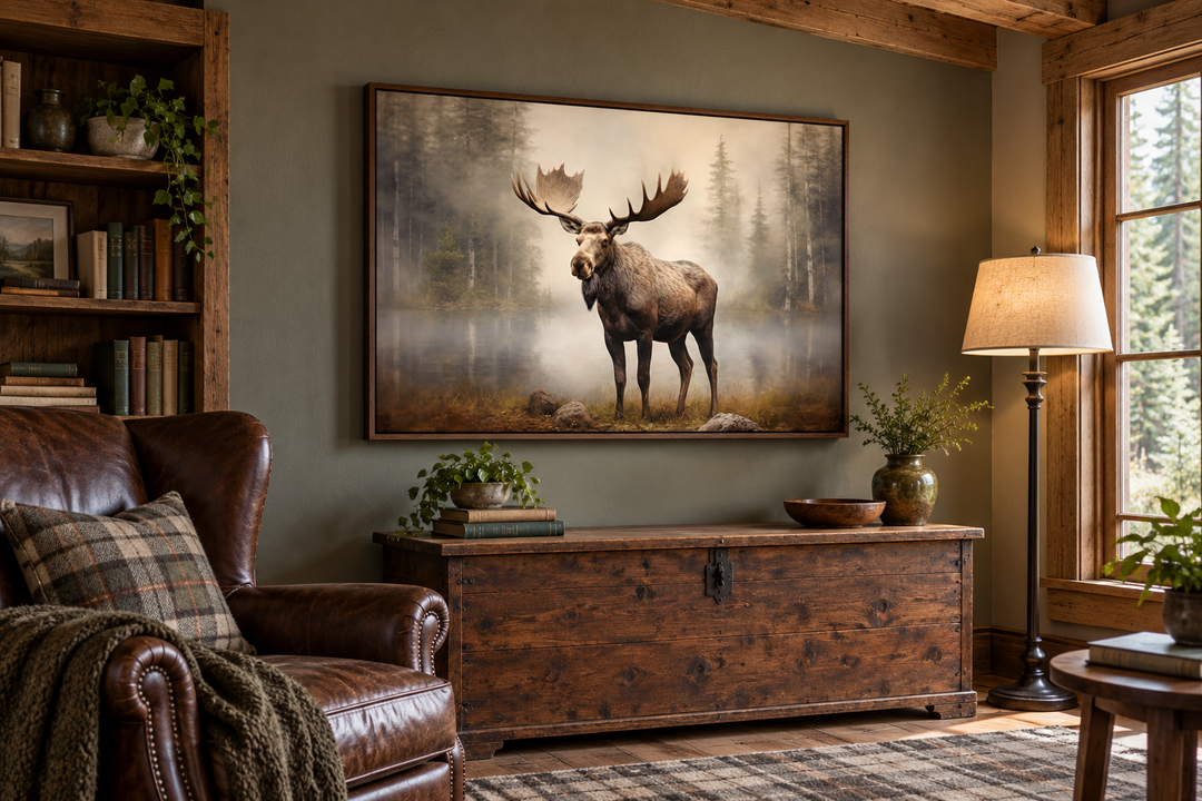 Moose in foggy forest framed canvas wall art hanging above a rustic wooden chest in a cabin den.