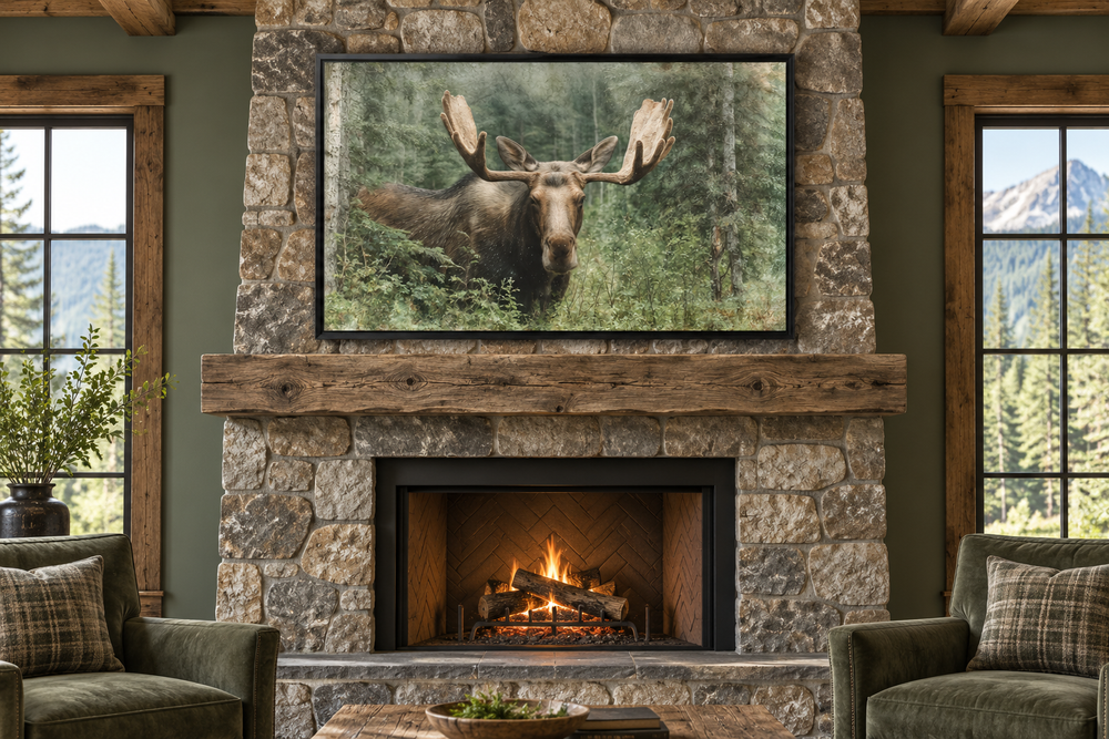 Moose in the forest canvas wall art displayed above a rustic stone fireplace in a lodge setting.